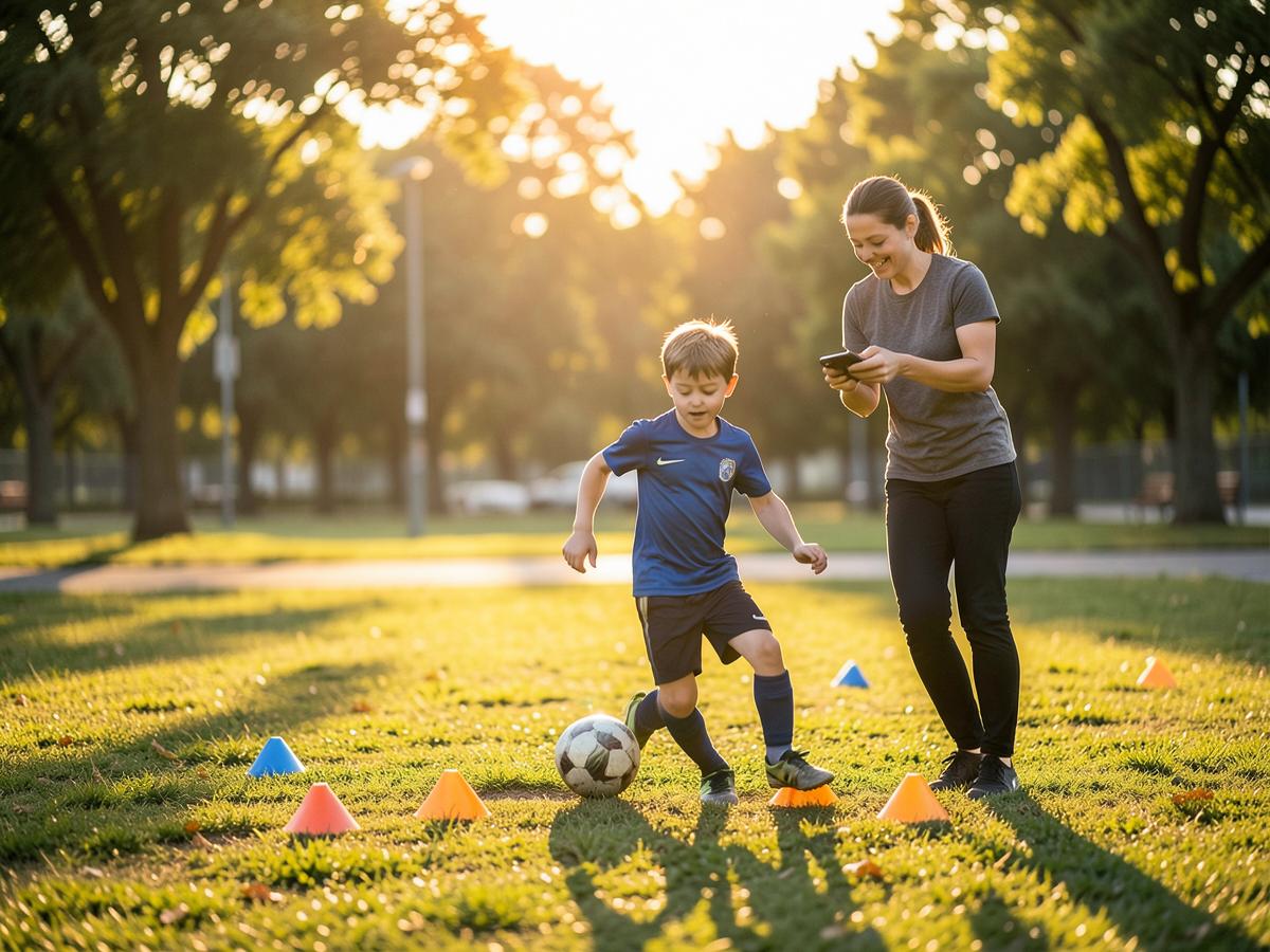Parent guiding a child through a cone dribbling drill in a park
